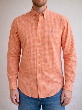 Ralph Lauren Men Size M/L  Cotton Blake Oxford Shirt Orange White Plaid *READ
